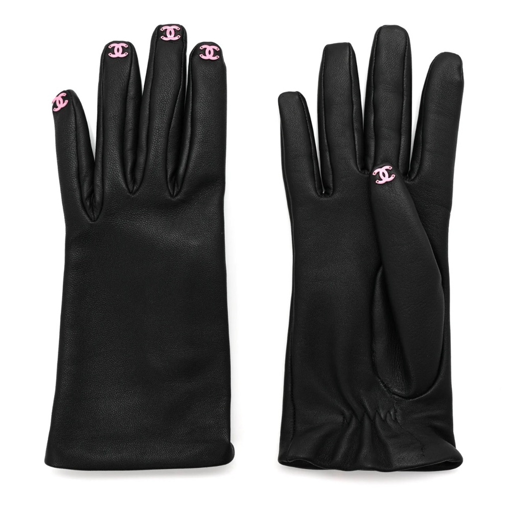 CHANEL CC Black leather Gloves with Pink Details